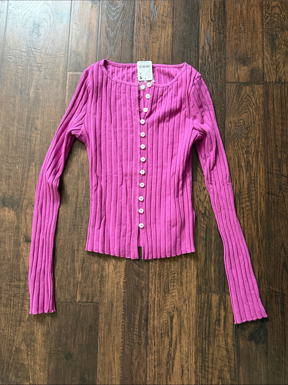 Free People Slim Ribbed Button-Front Cardigan in Bright Pink